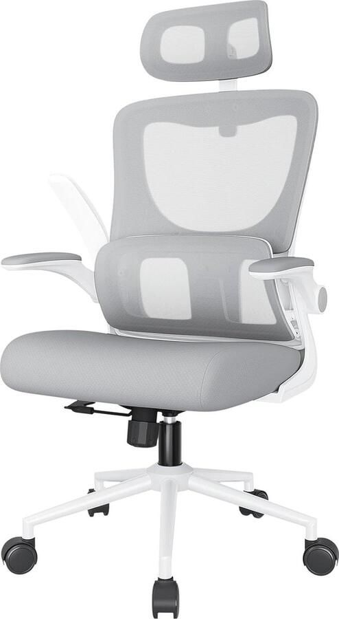 Ergonomische Bureaustoel met Verstelbare Hoofdsteun en Lendensteun Hoogteverstelbaar 90 Graden Inklapbare Armleuningen Comfortabel en Ademend Grijs Design