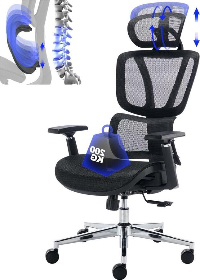 Ergonomische bureaustoel met verstelbare lendensteun 3D-armleuningen en hoofdsteun 200 kg draagvermogen kantelfunctie in hoogte verstelbaar zwart Bureaustoel