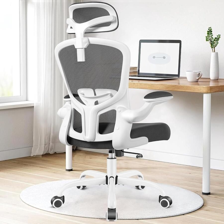 Ergonomische bureaustoel met verstelbare lendensteun en hoofdsteun ademend mesh-rugkussen en inklapbare armleuningen
