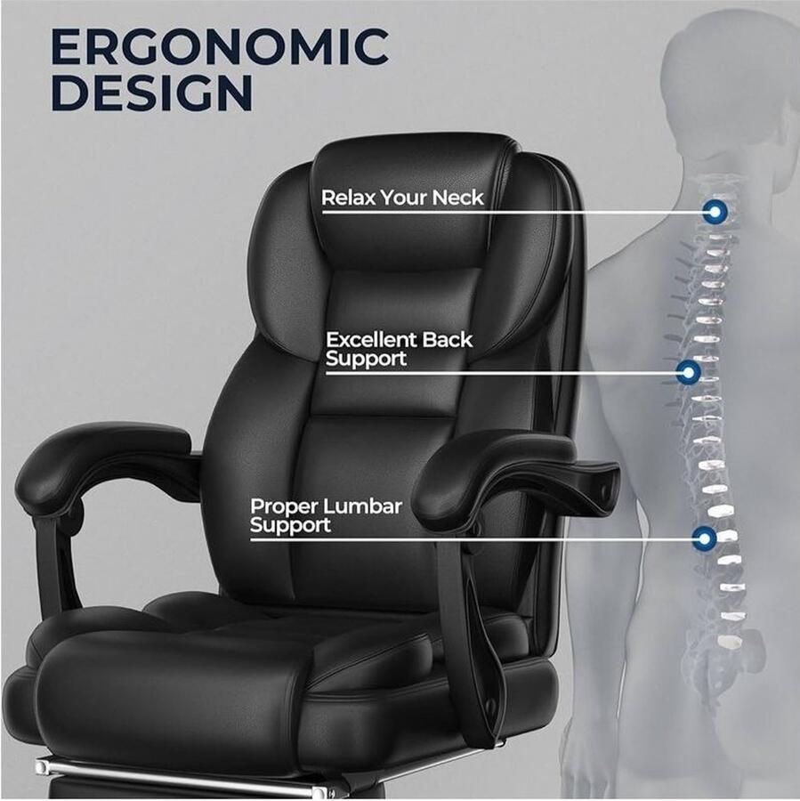 Ergonomische Bureaustoel met Voetensteun en Hoge Rugleuning – Luxe Kantoorstoel met Verstelbare Armleuningen Lendensteun Ademend Mesh en 360° Rotatie – Ideaal voor Thuiswerk of Kantoor Perfect voor Langdurig Gebruik zwart