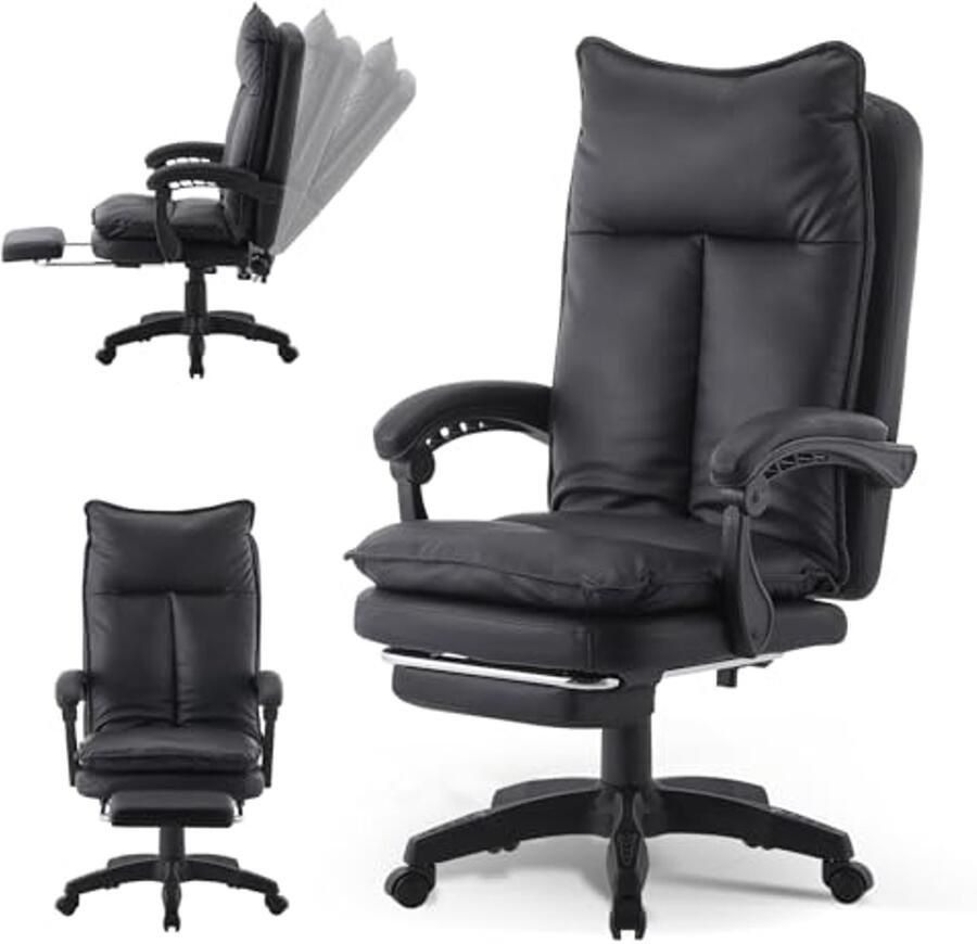 Ergonomische Bureaustoel met Voetensteun en Lendensteun Verstelbaar en Draaibaar (Zwart)