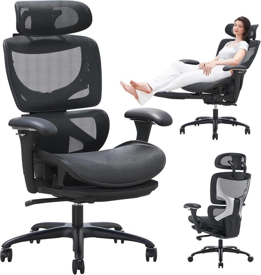 Ergonomische bureaustoel met voetensteun hoge rugleuning verstelbare hoofdsteun en 3D-armleuningen Zwart