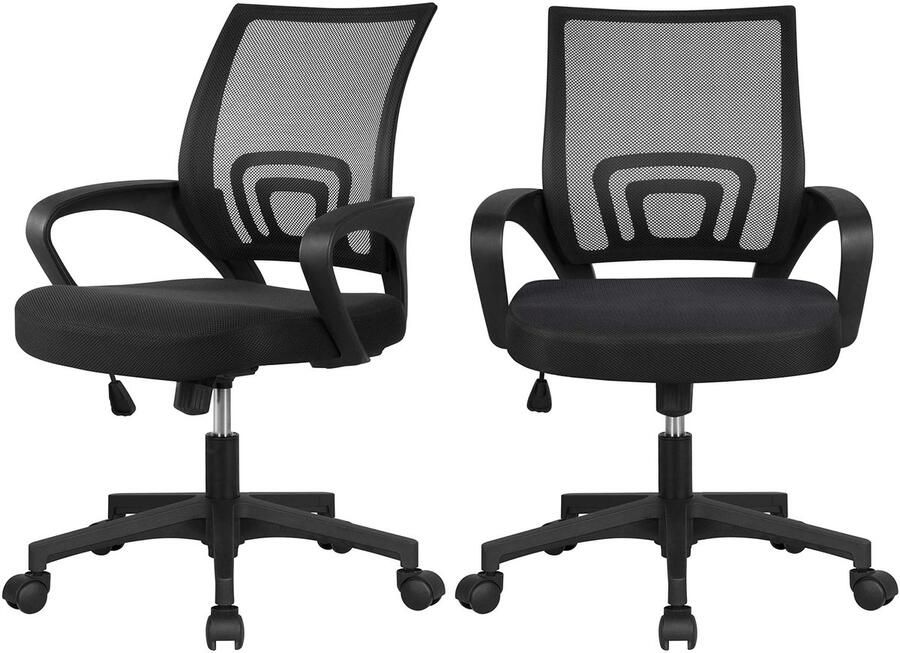 Ergonomische bureaustoel met wielen en armleuningen van ademend meshweefsel draaibaar in hoogte verstelbaar zwart 2 stuks