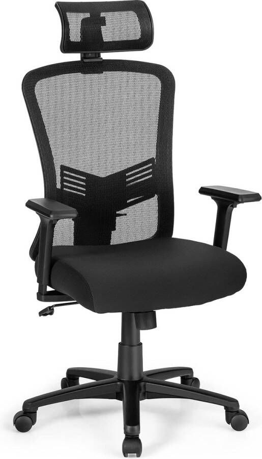 Ergonomische bureaustoel met wielen in hoogte verstelbaar computerstoel met verstelbare rugleuning en lendensteun en hoofdsteun en armleuning zwart