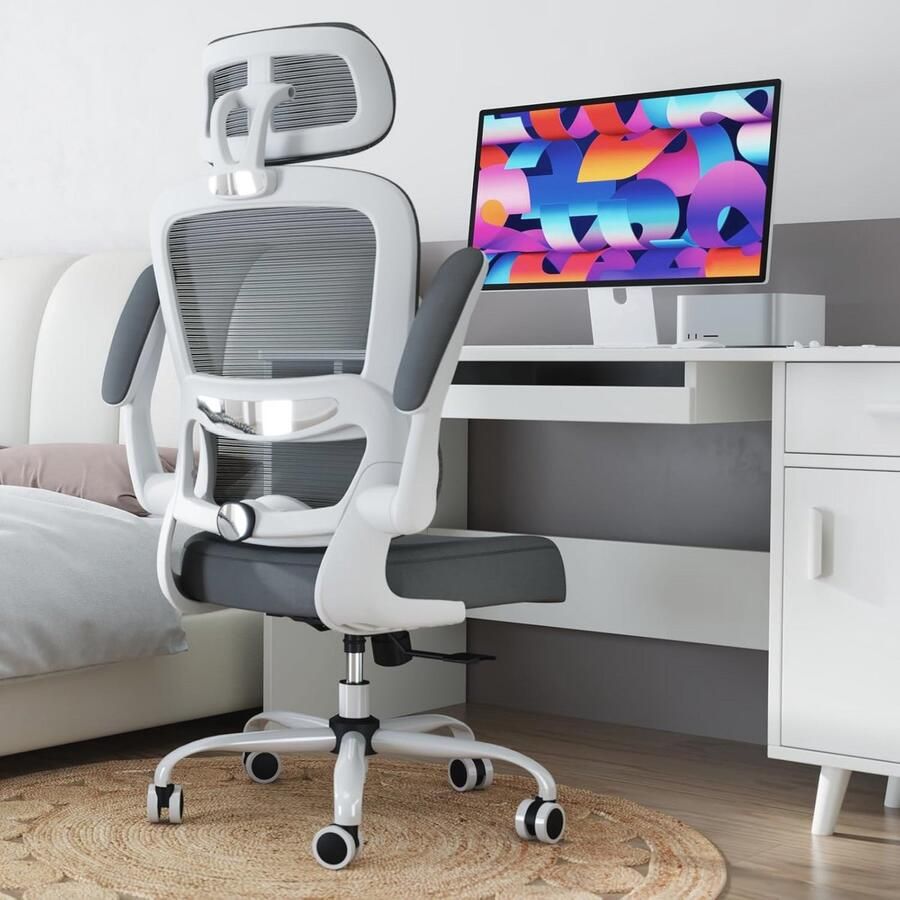 Ergonomische Bureaustoel met Wielen Verstelbare Draaistoel voor Thuis en Kantoor (Grijs)