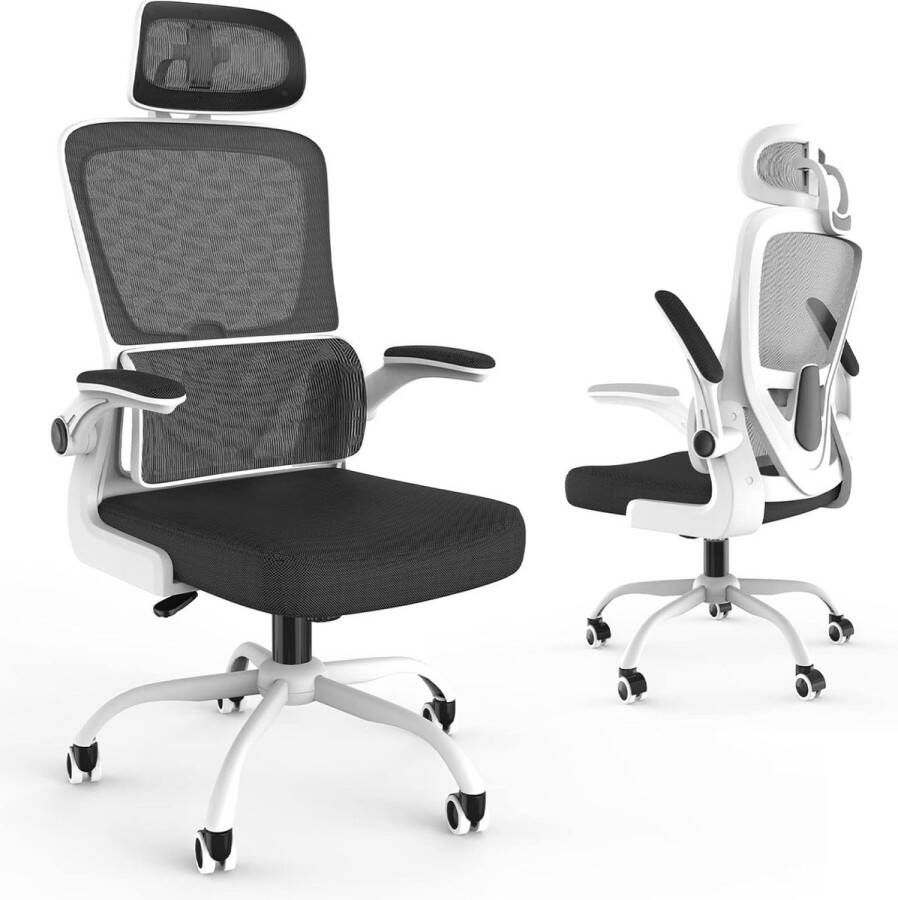 Ergonomische bureaustoel thuiskantoor bureaustoel met lendensteun en opklapbare armleuningen high back mesh bureaustoel met verstelbare hoofdsteun (wit)