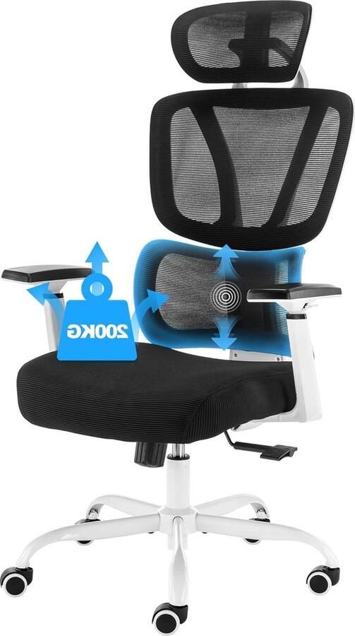 Ergonomische bureaustoel verstelbare lendensteun 3D-armleuningen hoofdsteun kantelfunctie in hoogte verstelbaar belastbaar tot 200 kg wit sokkel ergonomisch comfort lange zitduur Bureaustoel