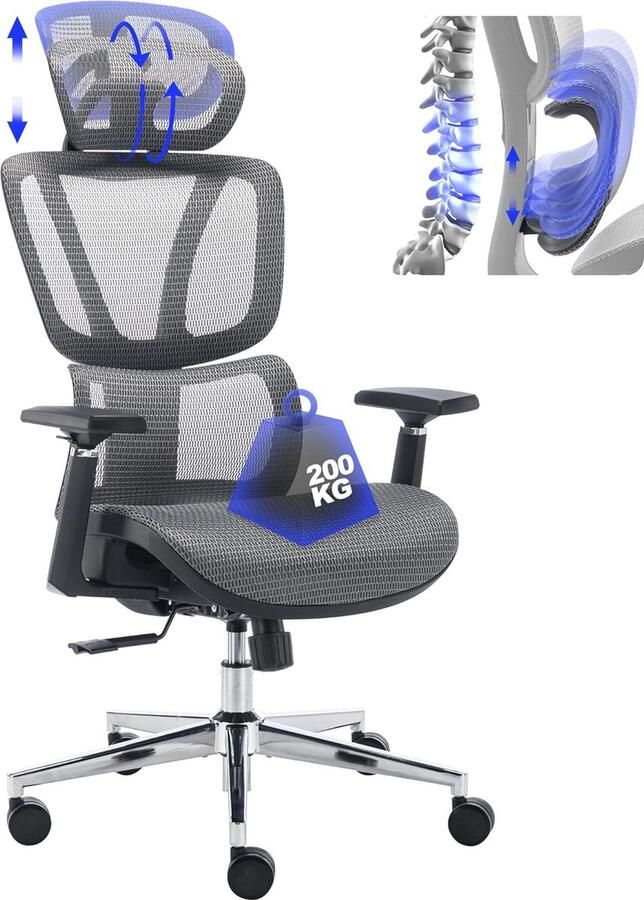 Ergonomische Bureaustoel voor Thuis en Kantoor Verstelbare Lendensteun 3D-armleuningen Hoofdsteun en Kantelfunctie tot 200 kg