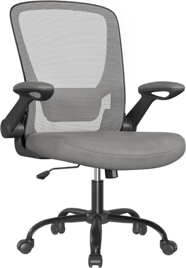 Ergonomische Canvas Bureaustoel Fauteuil Gewatteerde Lendensteun Schommelmechanisme 53 cm Brede Zitting Inklapbare Armleuningen Dove Grijs