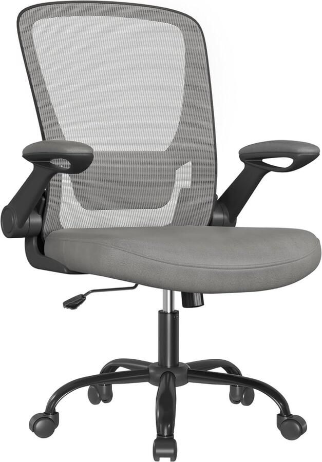 Ergonomische Canvas Bureaustoel Fauteuil Gewatteerde Lendensteun Schommelmechanisme 53 cm Brede Zitting Inklapbare Armleuningen Dove Grijs