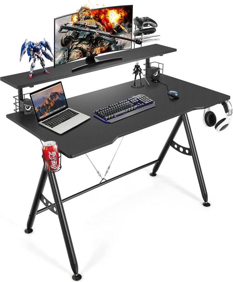 Ergonomische computertafel 120 cm bureau met monitorplank gampad-houder koptelefoonhaak en luidsprekerstandaard pc-tafel voor gaming thuiskantoor zwart