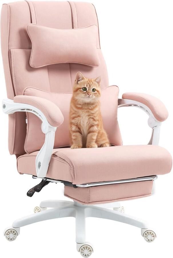 Ergonomische Directeursstoel met Voetensteun en Hoofdsteun Verstelbare Bureaustoel met Hoge Rugleuning Stof Max. 150 kg (Roze)