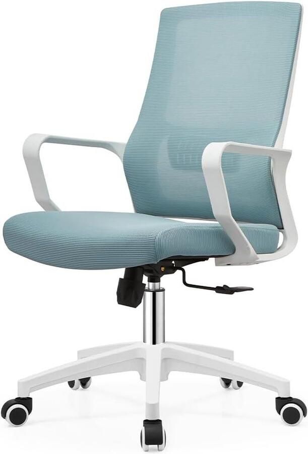 Ergonomische draaistoel lendensteun in hoogte verstelbaar bureaustoel werkkamerstoel stabiele witte basis blauw