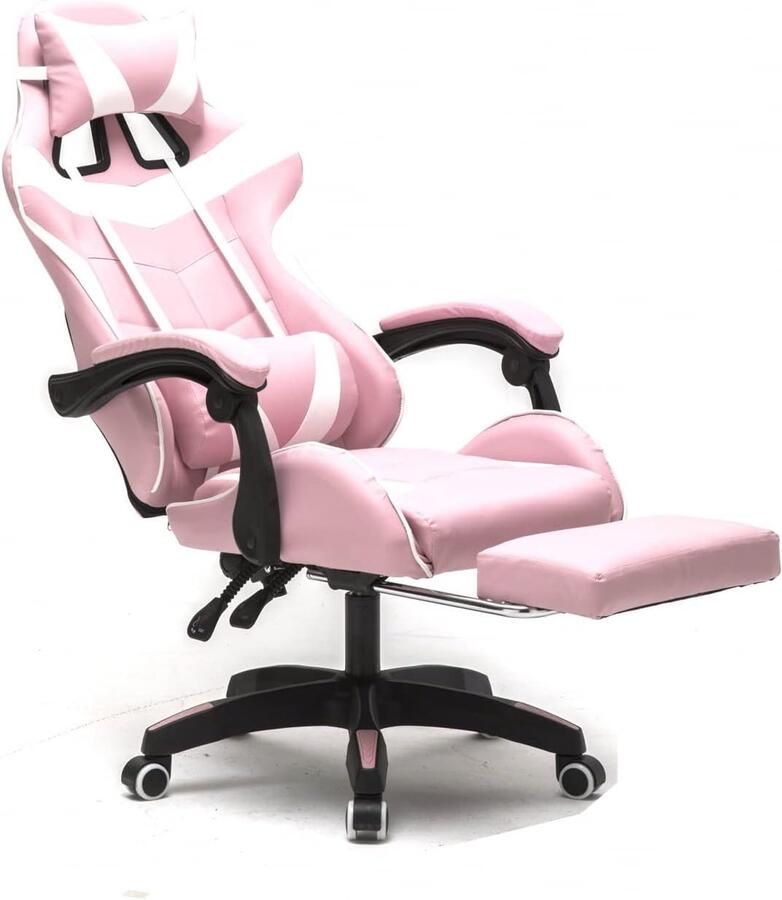 Ergonomische Gamestoel met Voetsteun voor Tieners Roze en Wit Ideaal voor Gamen en Werken