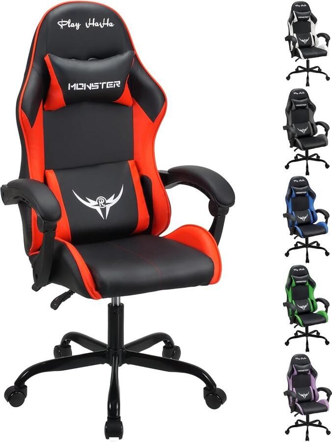 Ergonomische Gaming Bureaustoel met Hoofde steun en Lendenkussen Comfortabele Draaistoel voor Thuis en Kantoor (Rood)