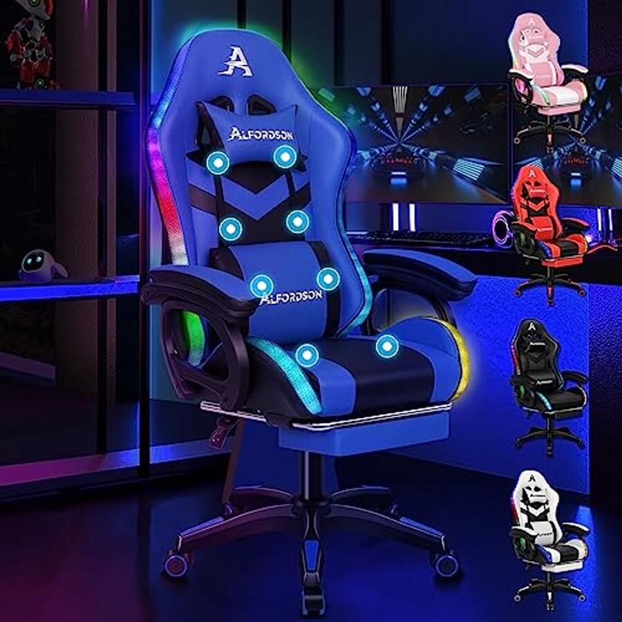 Ergonomische Gamingstoel met Massage en RGB LED Verlichting Comfortabele Bureaustoel met Voetensteun en Lendenkussen