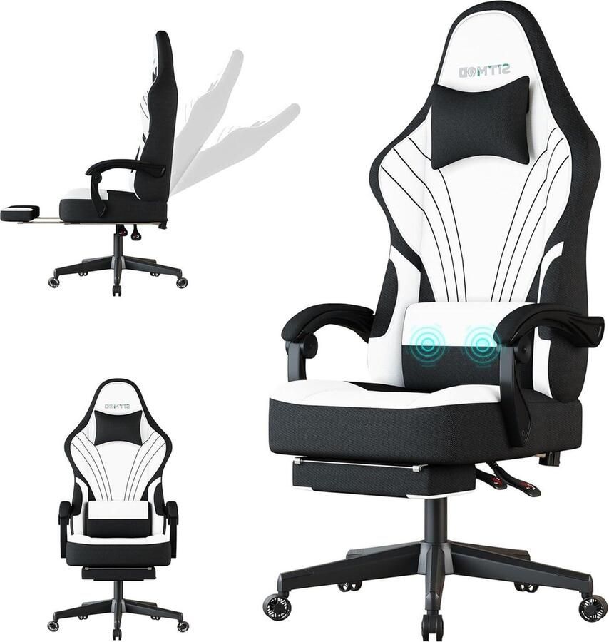 Ergonomische gamingstoel met voetsteunen en hoofdsteun lendenkussen 360 graden draaibaar in hoogte verstelbaar wit stof Bureaustoel