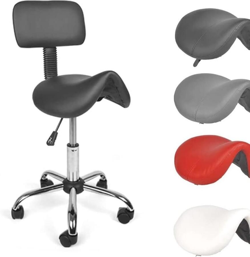 Ergonomische Hoogte Verstelbare Draaikruk met Rugleuning en Wielen 360° Draaibare Zadelkruk in Zwart