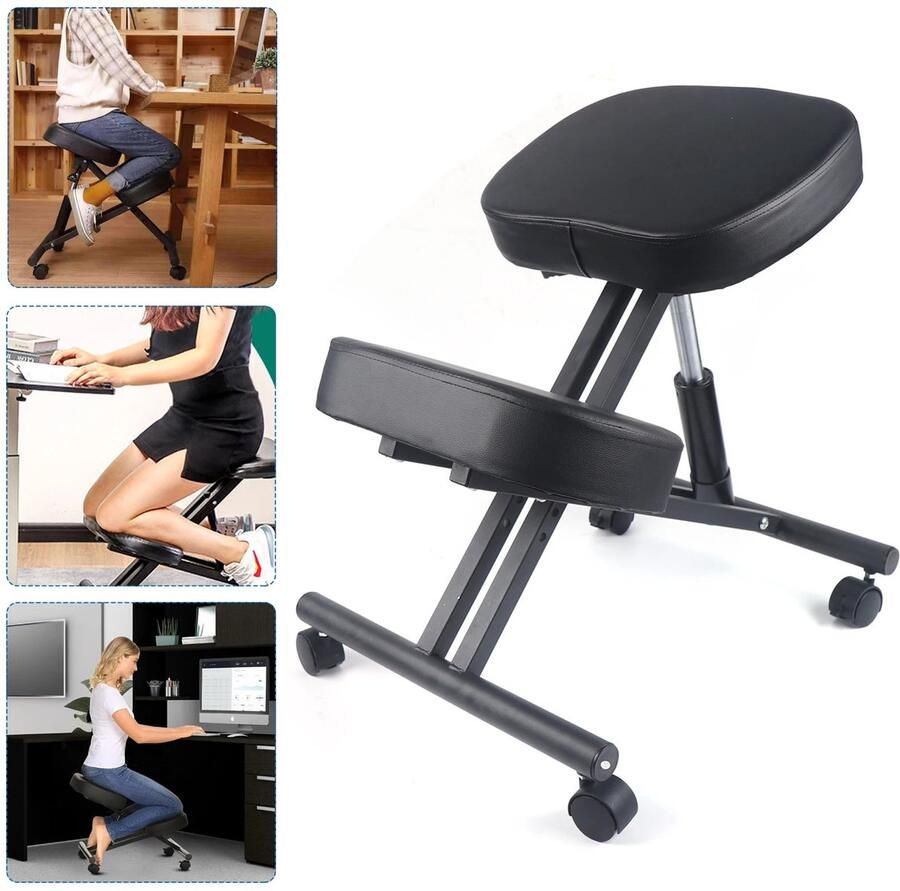 Ergonomische Knie Stoel – In hoogte verstelbaar – Pneumatische pomp – Ondersteuning tot 250 kg – Stijlvol zwart – Met wielen – Verbetert houding – Vermindert rug- en nekpijn – Comfortabele werkhouding