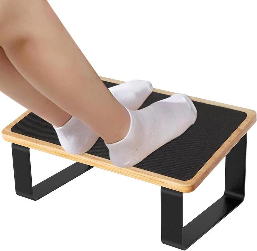 Ergonomische voetsteun hout-metaal antislip rubberen oppervlak bureaukruk zwart voetensteun onder bureau