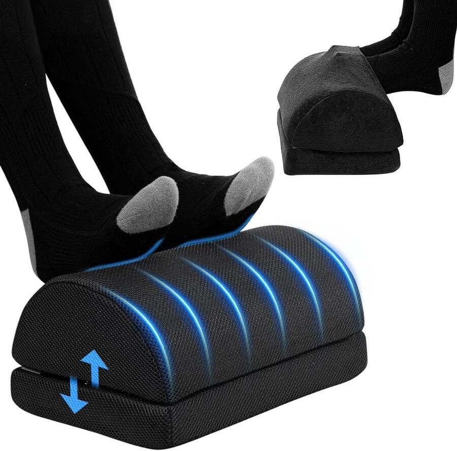 Ergonomische voetsteun voor bureau met 2 opties en traagschuim Niet-glijdende bodem Wasbare en intrekbare overtrek Thuis en op reis (zwart)