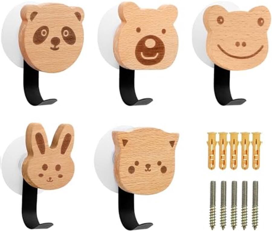 Ericrise Set van 5 houten kapstokhaken zelfklevende muurhaken in dierenvormen metalen haken kindergarderobehaken kapstokhaken meubelknopen houten handgrepen voor badkamer keuken slaapkamer