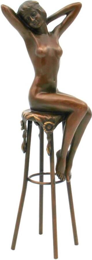 Erotisch bronzen beeld vrouw op kruk – kunstzinnige erotische sculptuur 'Awakening' van brons – decoratieve sensuele figuratie voor interieur en collectie