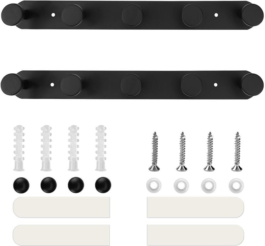 Erzekrim Kapstokhaken Zwarte Kapstokhaken Muur 2 Stuks Haakrail Garderobekast met 5 Haken Zware Kapstokstang met Zelfklevende & Schroeven voor Slaapkamer Badkamer Gang