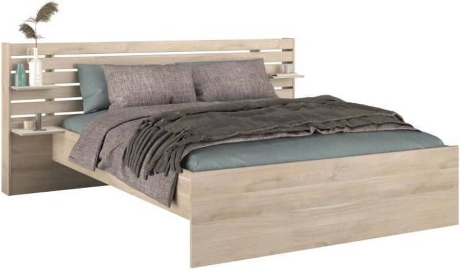 Escale volwassen bed 160x200 cm Japans eiken decor 2 laden + hoofdeinde L222.8 x H98.2 x D216 8 cm gemaakt in Frankrijk
