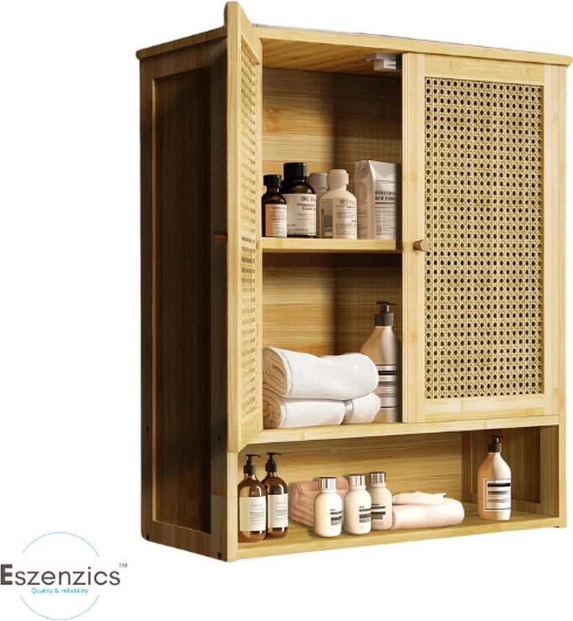 Eszenzics™ Bamboe Wandkast- Duurzaam 2 Deurs met schap Multifunctioneel Wastafelkast Badkamerkast Medicijnkast Keukenkast 67x59x21 cm