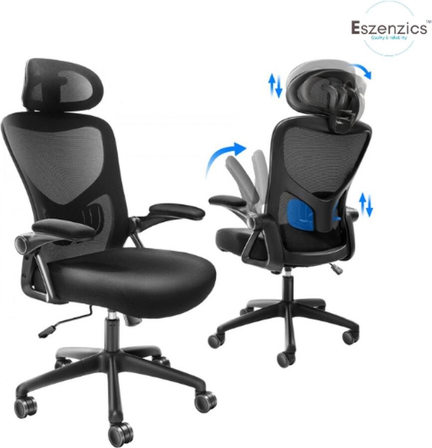Eszenzics™ Ergonomische Bureaustoel Gamestoel Verstelbare zitting armleuning hoofdsteun Instelbare lendesteun Tot 130 kg Kantoor en thuis Zwart
