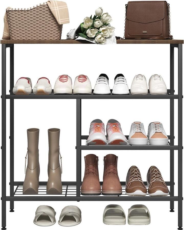 Eszenzics™ Industrieel schoenrek Stoer en robuust Zwart metalen frame Vintage houtlook 4 laags 70x71x30 cm Tot 50kg - Foto 2