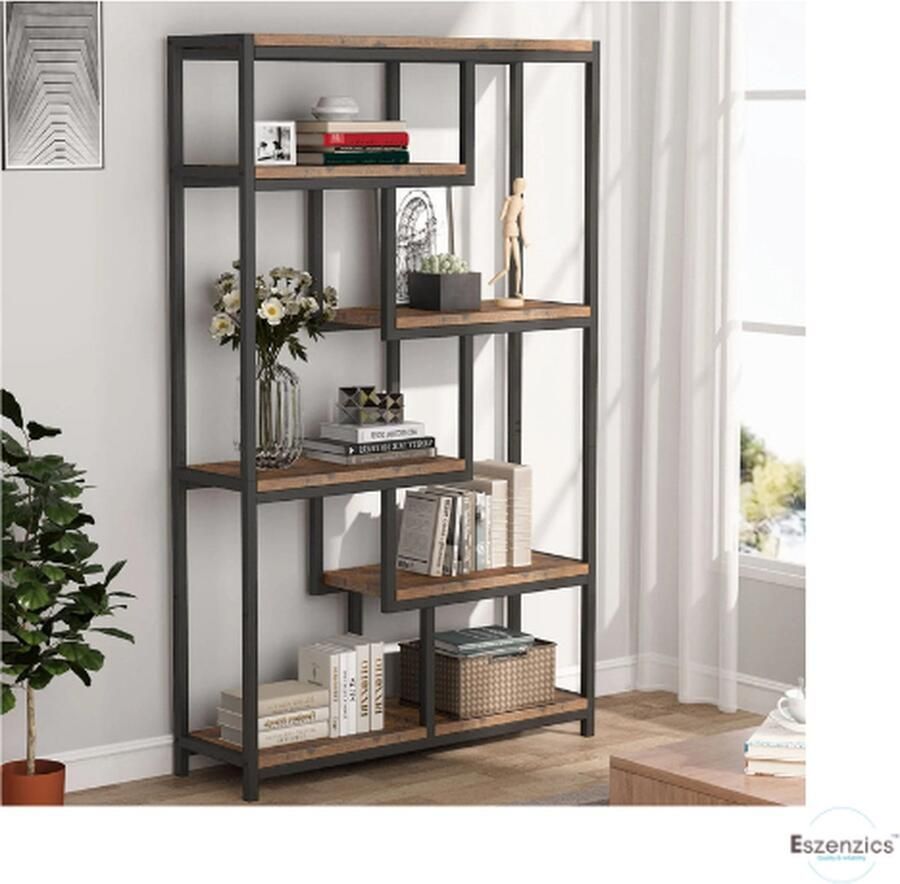 Eszenzics™ kast model Arvtor Industrieel asymmetrisch ontwerp Stoer & Robuust Landelijk Hout Zwart metaal 6-laags 165x100x30cm