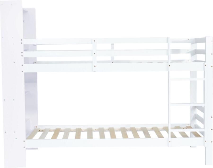 GOTAGEE Stapelbed met planken en drie-traps haakse ladder opberghouten bed massief houten bedframe wit 90x200 cm