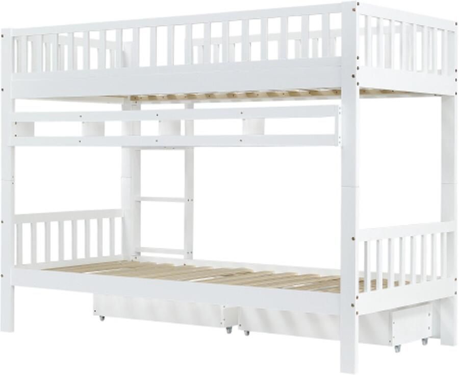 Etagenbed 90x200cm Zonder Matras Kinderbed Met 3 Traps Hoekladder Veiligheidsrail MDF Lades Kieferhout Wit Voor Kinderkamer Met Opslag