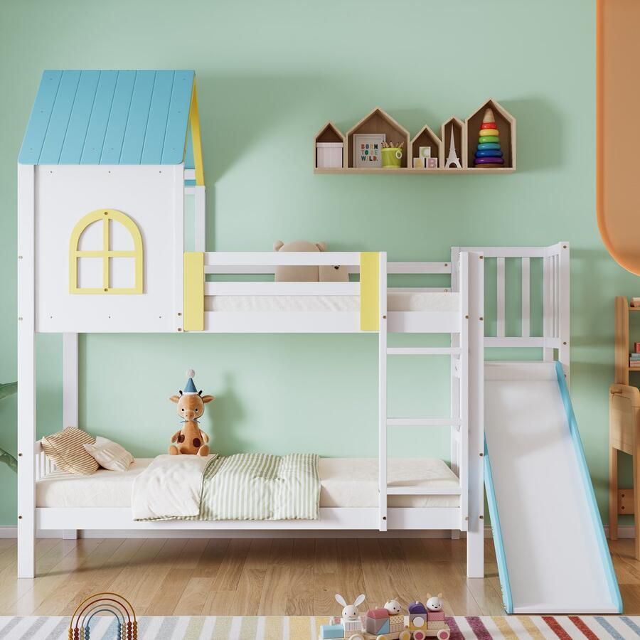 Etagenbed huisbed kinderbed met dak en raam met valsbescherming en rooster met drietrappige ladder met glijder Kiefer+MDF Wit+Blauw 90x200cm