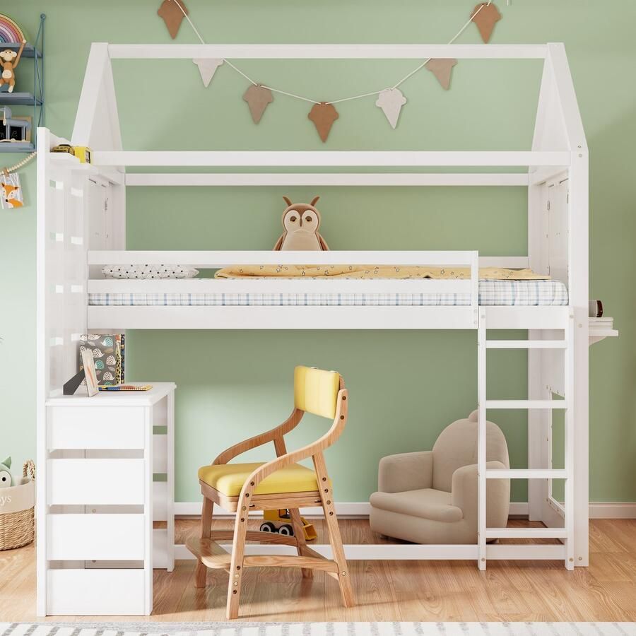 Etagenbed huisbed kinderbed met valsbescherming en rooster met tafel Open Regal twee vensters Rijkelijke opslagruimte Kiefer+MDF Wit 90x200cm