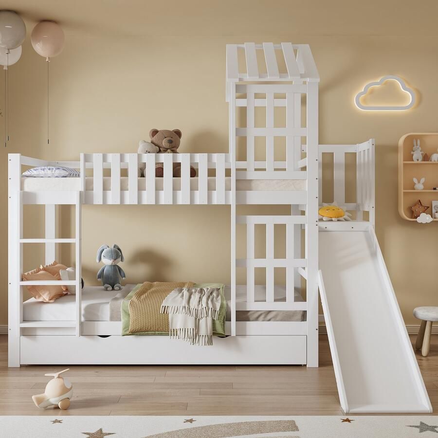 Etagenbed Kinderbed Grote Schublade Met Rollen Spaßrutsche für Kinder Exquisites Dach und Fenster Kiefer + MDF + Sperrhout Wit 90x200cm