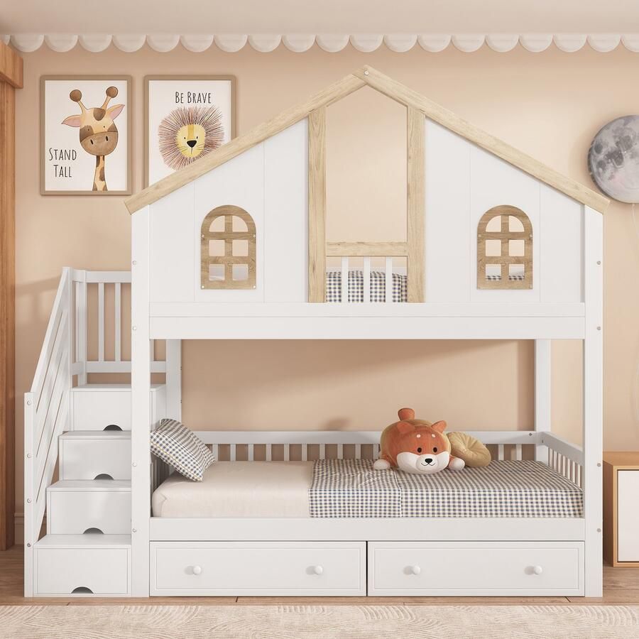 Merax Stapelbed kinderbed -val rooster met raam twee lades op wielen trap met 4 opbergvakken wit 90x200 cm zonder matras