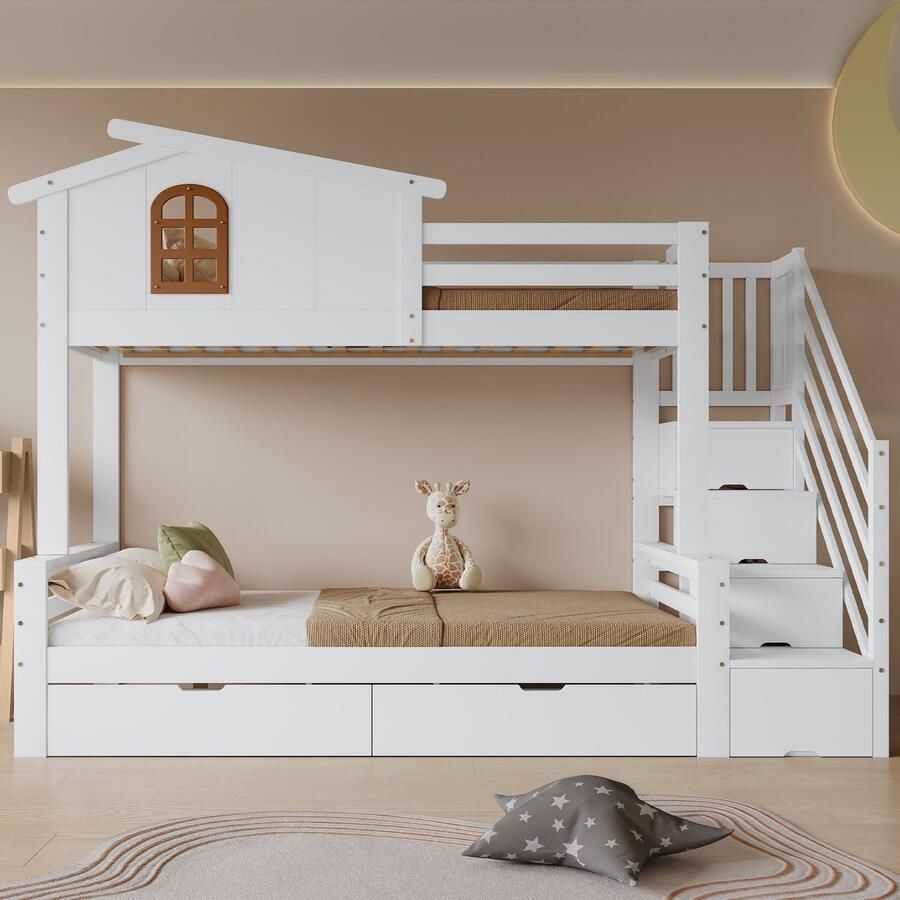 Pugsdrly Stapelbed Kinderbed met Opbergruimte 2 Lades op Wieltjes + Hoekladekast Vensters & Stevige Houten Constructie Grenen MDF Multiplex Wit + Naturel 90x200 120x200 cm