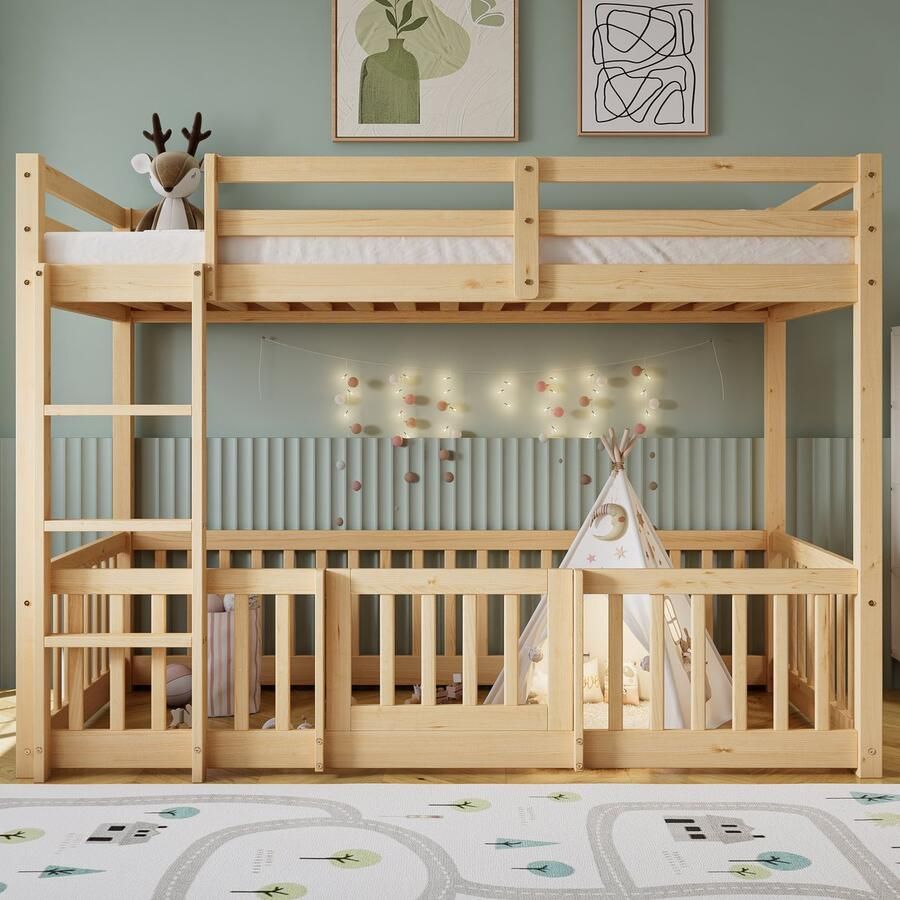 Etagenbed met rechthoekige trap Bed met hekken en deuren Kinderbed met valsbescherming en rooster massief hout natuur (200x90cm)