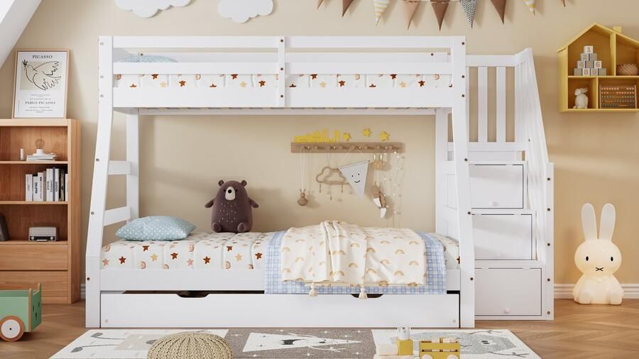 Etagenbed met rolbed kinderbed met kabelkast en handloop met valsbeschermingsgast aan alle zijden Kiefer+MDF Wit 90x190CM rolbed 90 120x200CM