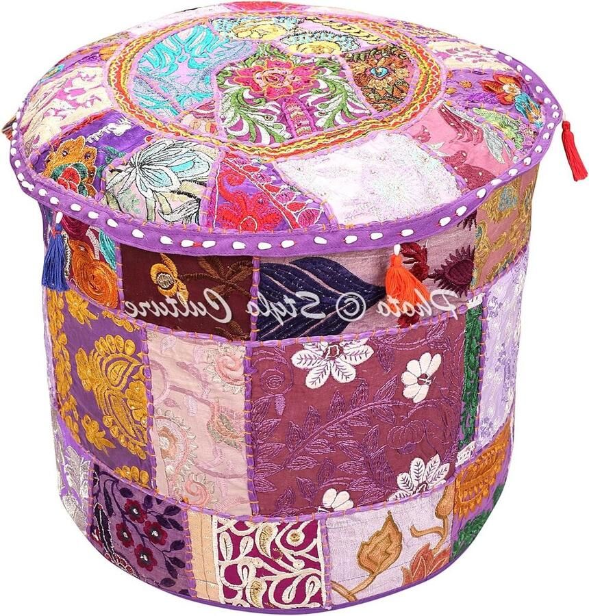 Etnisch Geborduurde Paarse Indiase Ottomaanse Poef Cover Traditionele Ronde Stof Voetenbank Poef Cover Patchwork Katoen 16x16x13 Inch 40cm