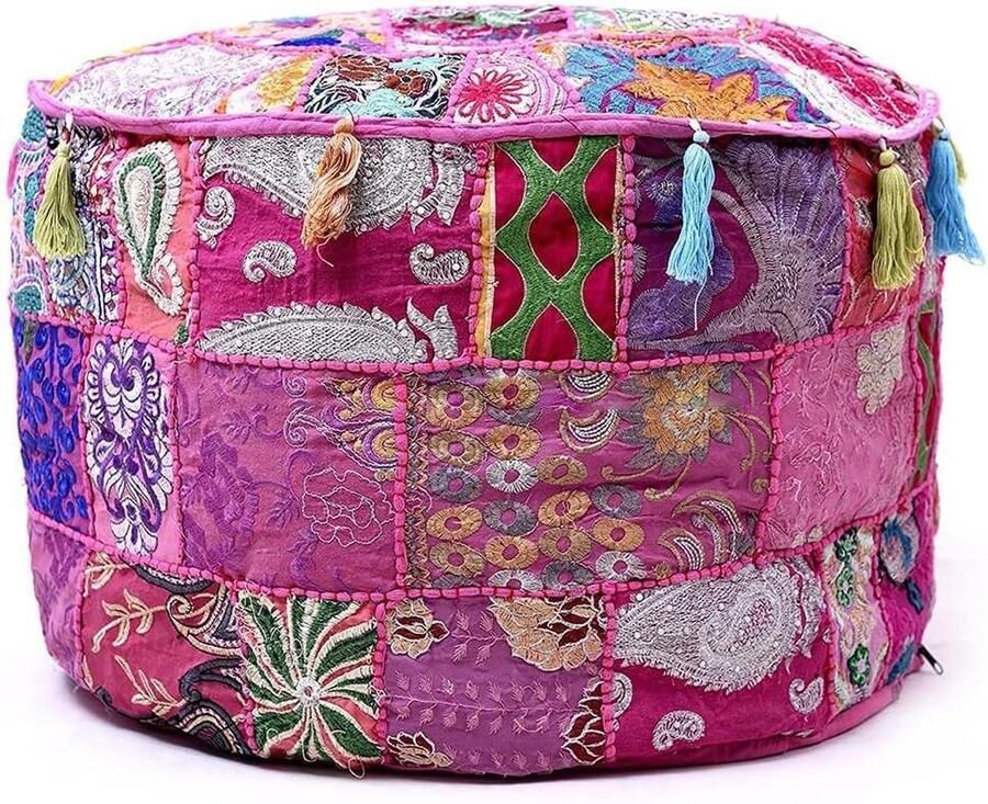 Etnische geborduurde poef Cover Indiase katoen ronde poef Ottomaanse poef cover Roze 18x13 inch