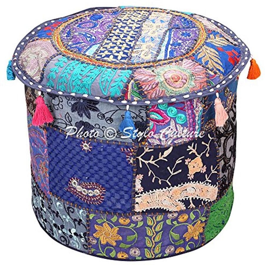 Vintage Patchwork Ottomaanse Poef Cover Marineblauw met Borduurwerk (40cm)