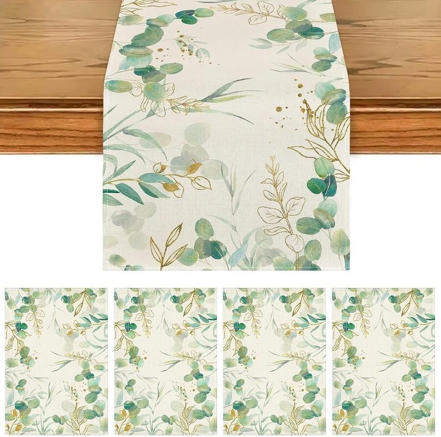 Eucalyptus Tafelloper en Placemat Set van 4 Groen Vlas 45 x 30 cm