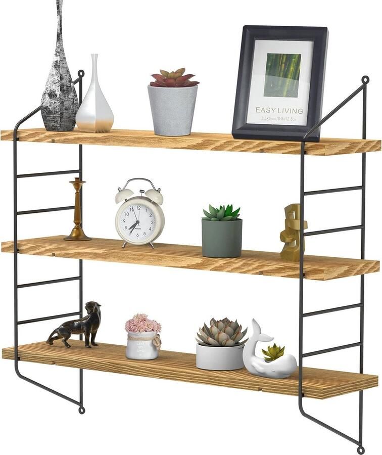 Everyday-Shop Wandplank Industrieel 3 Laags Zwevende Planken Muurplank Fotoplank Voor Foto's en Boeken Licht Bruin
