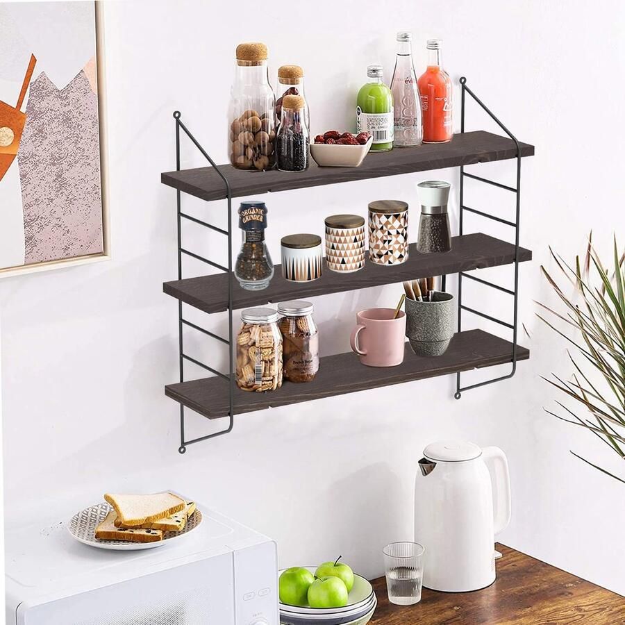 Everyday-Shop Wandplank Industrieel 3 Laags Zwevende Planken Muurplank Fotoplank Voor Foto's en Boeken Donker Bruin