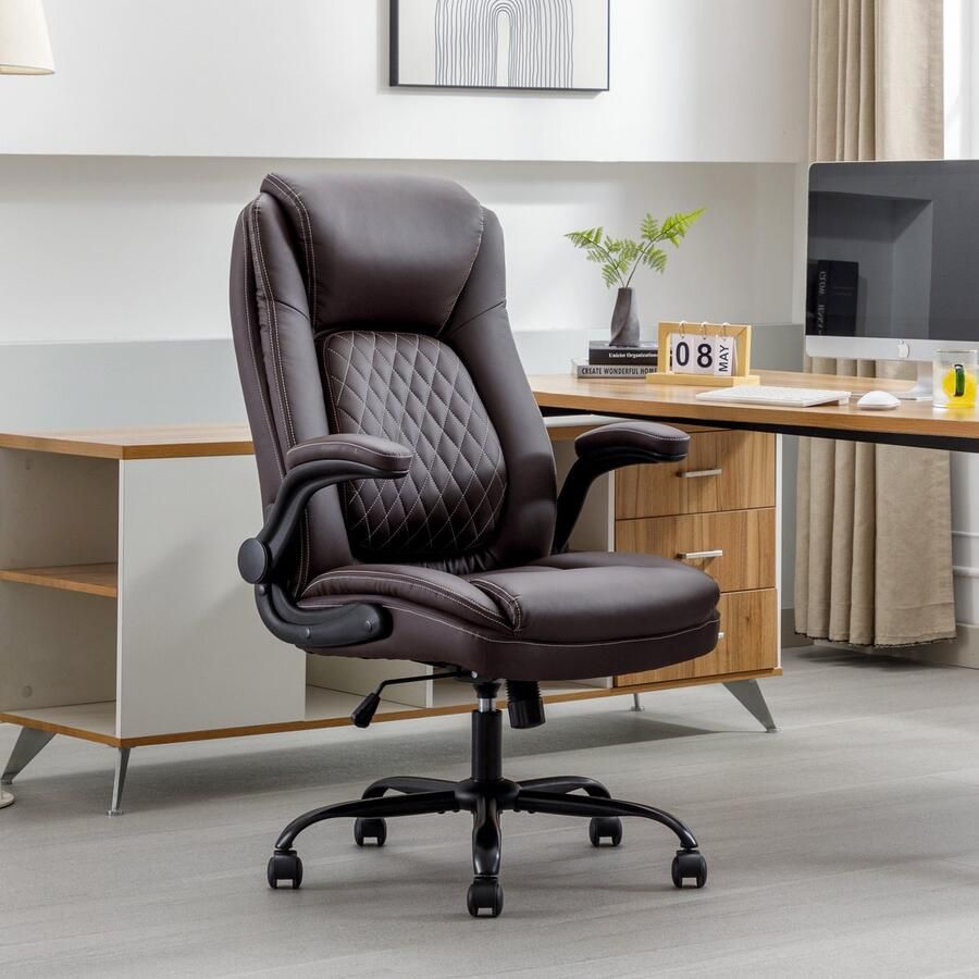 Executive bureaustoel leren bureaustoel omkeerbare armleuningen lendensteun ergonomisch computerbureaustoel met hoge rugleuning voor thuiskantoor bruin
