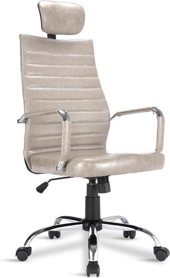 Executive Bureaustoel met hoofdsteun bureaustoel voor thuiskantoor computerstoel met hoge gebogen rug en lendensteun in hoogte verstelbare draaistoelen PU-lederen pc-werkstoel (grijs)